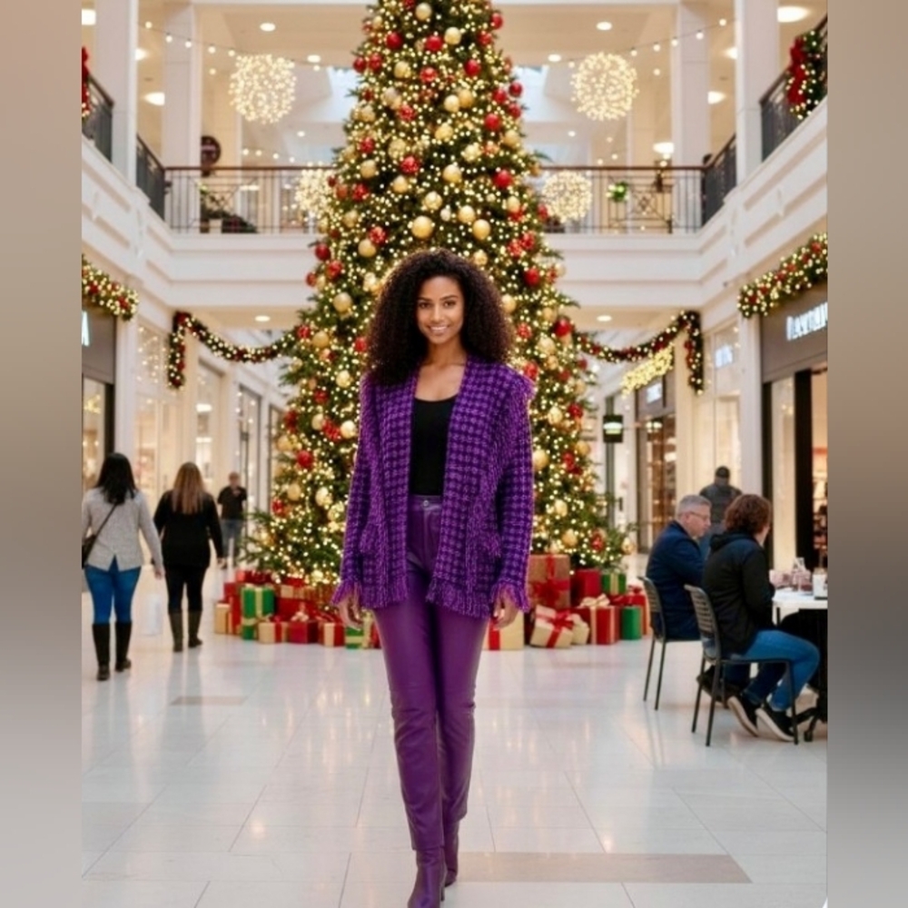 WOW! EXQUISITE ESCADA 40/10 KNIT WOOL TWEED BOUCLE PURPLE METALLIC FRINGE JACKET - Picture 7 of 13